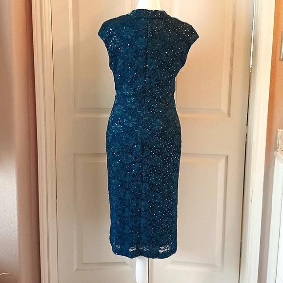 🍸Gorgeous Teal Lace & Sequin Cocktail Sheath Dress Size 4 - Picture 6 of 9